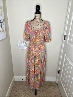 NTM Zesica Floral Smocked Maxi Dress Puff Sleeve Tiered Cottagecore Boho Size L
